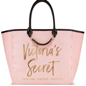 VICTORIA SECRET Gold Chain Leather Black Handle Tote In Pink/Gold